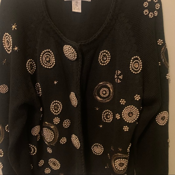 VINTAGE Beaded Art Deco Revival Gold Ornate Black Knit Vintage Glam Cardigan - Picture 2 of 14